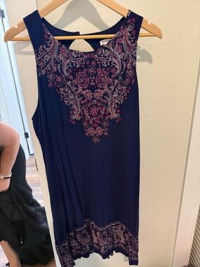 Xhilaration Navy Sleeveless Tunic with Pink & Cream Embroidery